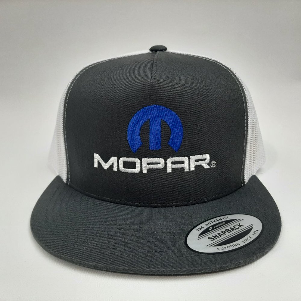 Mopar Flat Bill Mesh Snapback Hat Cap Gray & White Embroidered - Picture 2 of 4